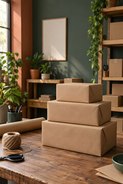 Three brown paper parcels stacked on a workshop table