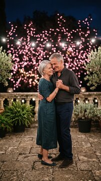 Elderly couple dancing romantically outdoors at night under string lights