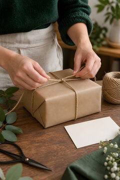 Hands tying twine around a brown paper wrapped parcel