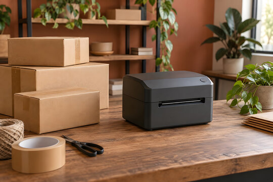 Compact label printer beside shipping boxes on a packing table