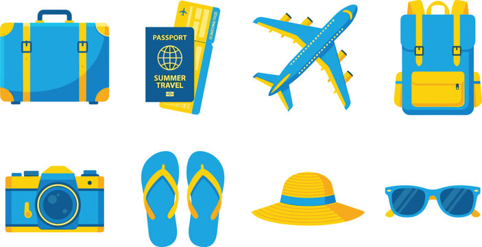 Summer travel essentials set with suitcase, passport, airplane and vacation accessories