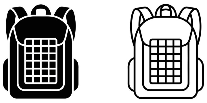 Travel backpack rucksack gear icon set on checkered alpha background.