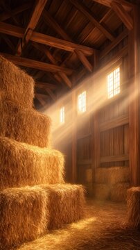 A sunlit barn interior showcasing stacked hay bales and warm wooden beams creating depth