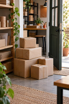 Packed parcels stacked beside an open door in a small workspace