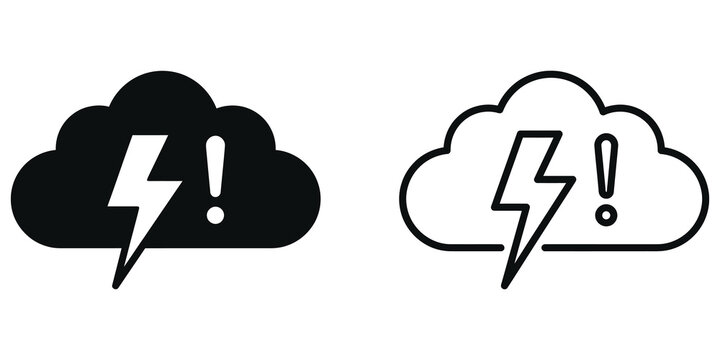 Storm alert cloud with lightning bolt symbol set black outline on backdrop.