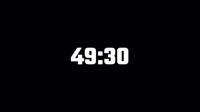 Fifty four minute countdown timer animation on transparent background in sixty seconds