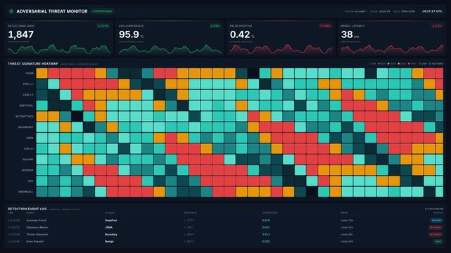 Advanced cybersecurity dashboard with threat detection, confidence metrics, signature heatmaps, for real-time network monitoring, digital defense, system vulnerability analysis