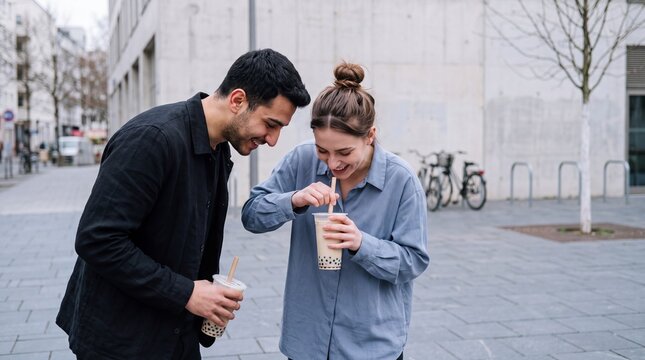 Freunde trinken lachend Bubble Tea auf der Stra&szlig;e