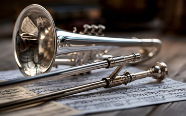 Obraz premium Music education and performance, silver trombone resting on sheet music for classical orchestra practice, creative arts and hobby inspiration in studio
