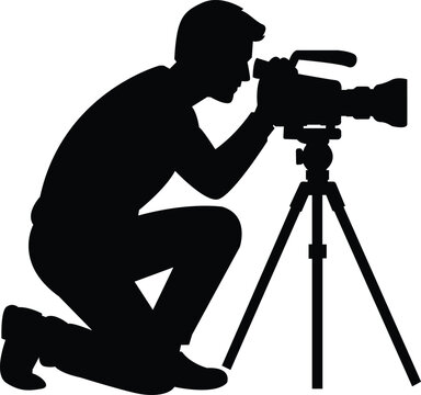 Professional cameraman filming with video camera on tripod silhouette icon isolated on white background