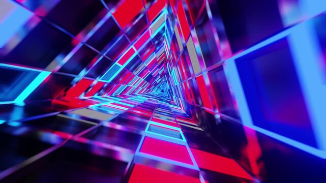 Triangle rotated mirrored red with blue neon glass VJ tunnel loop