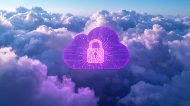 Un s&iacute;mbolo de nube, con intrincados trazos de microchip integrados, flota sobre nubes a la deriva que parecen algod&oacute;n
