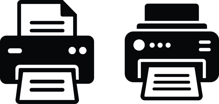 Two black office printers on white background. Modern multifunction copiers for business and home use