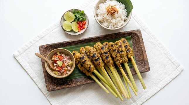 Top view of delicious Balinese sate lilit or minced meat satay on lemongrass skewers, served on a wooden tray with steamed white rice, sambal matah, lime, and cilantro on a white cloth background.