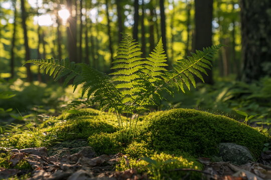 Lush Green Forest Floor Teeming with Soft Moss and Delicate Ferns Under Dappled Sunlight