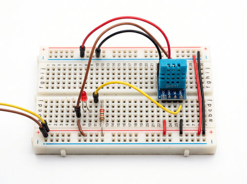 Dht11 sensor module on breadboard with red led and resistor for environmental monitoring.
