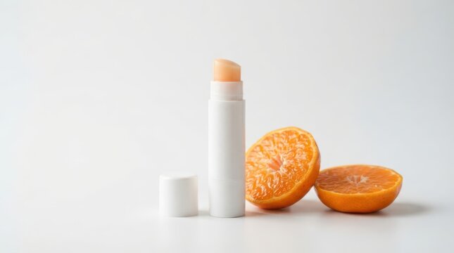 Lip balm stick in white packaging with fresh orange slices isolated on white background