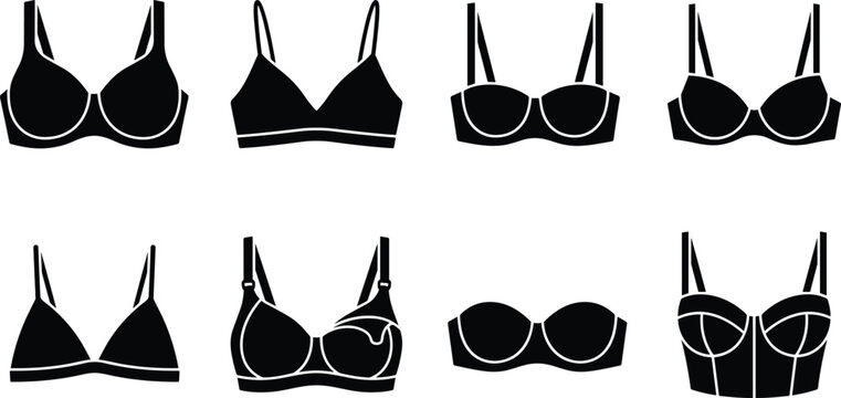 Bra Silhouette Icon Set Featuring Diverse Styles Including Sports Strapless Nursing and Corset Designs