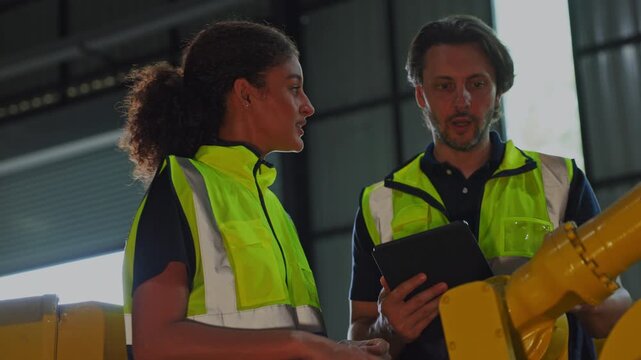 Engineer and industrial worker conducting robot equipment inspection inside warehouse, wearing safety clothing and reviewing technical plans during technical collaboration automated factory facility