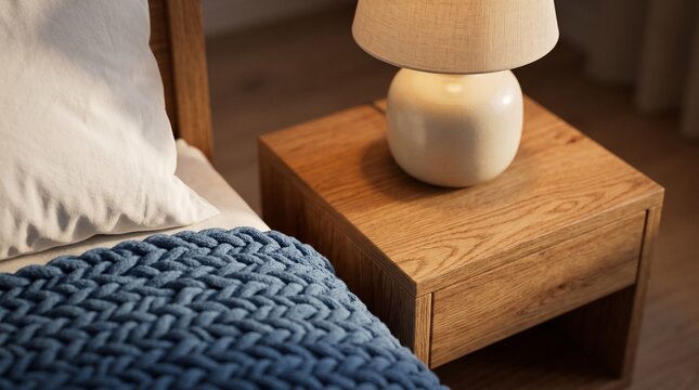 Ceramic bedside lamp on a wooden table beside textured blue bedding