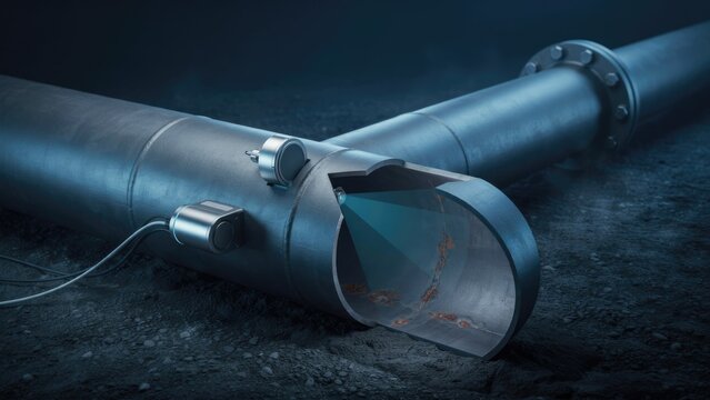 Industrial pipeline corrosion detection sensor scanning metal pipe interior for rust