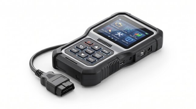 Handheld OBD2 car diagnostic scanner tool with color LCD display, OBD-II connector cable, buttons BACK ENTER MENU, automotive fault code reader white background