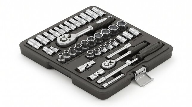 Chrome socket wrench set in black organizer tray, complete metric sockets 10-24mm, ratchets extensions universal joints, professional mechanic tool kit white background