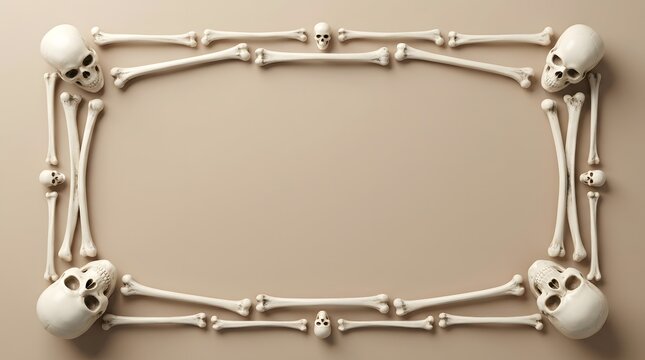 An eerie halloween frame constructed from realistic 3d sculpted skulls and bone structures perfect for spooky designs