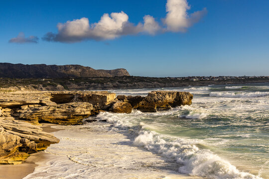 pounding surf, wild places, walker bay nature reserve, south africa, rocky coastline, beauty, dramatic seascape, scenic, sunset, late afternoon, beach, sea, ocean, coast, water, sky, landscape, sand, 