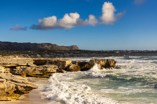 pounding surf, wild places, walker bay nature reserve, south africa, rocky coastline, beauty, dramatic seascape, scenic, sunset, late afternoon, beach, sea, ocean, coast, water, sky, landscape, sand, 