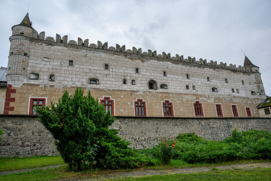 Crenellated attic and sgraffito facade along the long south wall of Zvolen Castle, Zvolen, Slovakia