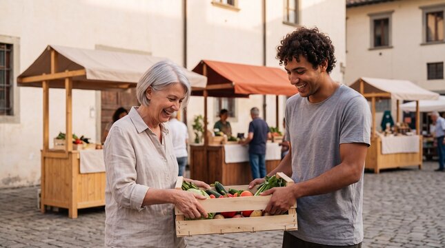 Seniorin und junger Mann tragen Gem&uuml;sekiste auf dem Wochenmarkt