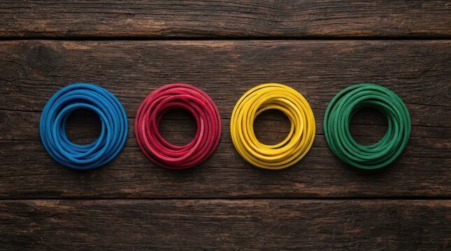 Four colorful rubber bands arranged in circles on a rustic wooden background