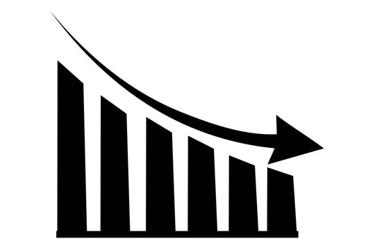 Downward arrow with decreasing bar chart isolated on white background