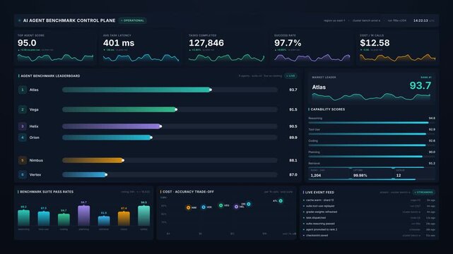 Ai agent benchmark control plane interface for model performance metrics, for artificial intelligence evaluation, automated systems tracking, data analysis, software development