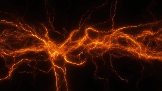 Bright orange electric lightning bolts flashing and branching across dark background