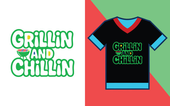 Grillin and chillin typography with a barbecue grill on a black t-shirt apparel mockup