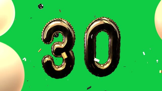 Gold 30 balloons floating center on transparent black as lights enter, rotating, marking milestone