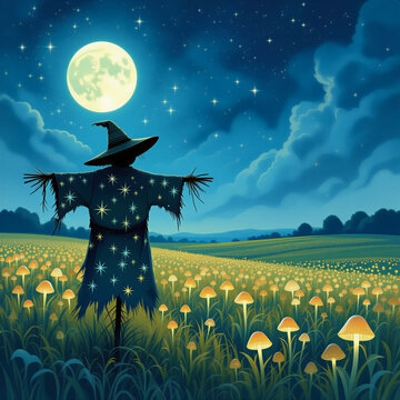 lone scarecrow in a vast moonlit field of bioluminescent fungi, its tattered clothes woven with constellations