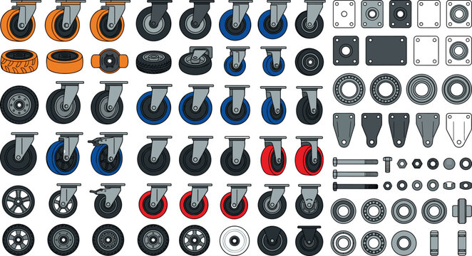 Caster Wheels Typology and Heavy Duty Industrial Trolley Hardware Vector Set