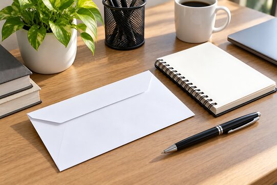 Workspace with envelope notebook and coffee cup