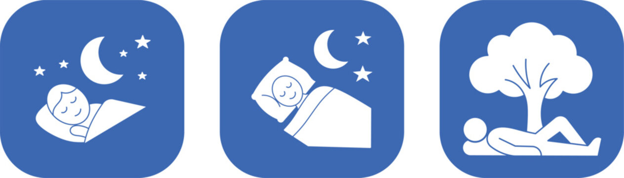 Sleep and rest icon set with solid blue symbols for nighttime, bedtime routines, and relaxation applications.