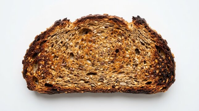 A single slice of toasted multigrain bread with seeds isolated on white background