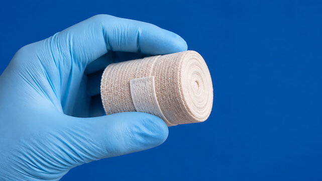 Gloved hand holding rolled medical bandage against blue background