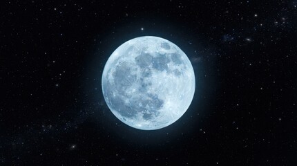 Fototapeta premium Full moon glowing in the dark night sky surrounded by distant stars in deep space
