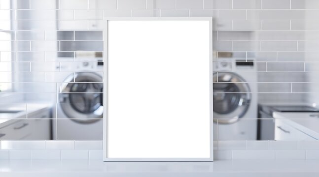 Minimalist vertical blank white picture frame mockup standing on a white countertop against a modern tiled wall reflecting a clean laundry room with washing machines in a bright house