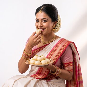 Beautiful Indian woman in a traditional silk saree and gold jewelry smiling while eating delicious rasgulla sweets, perfect for Diwali or festive celebrations.