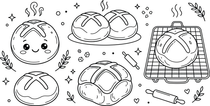 Cute fresh bread line art set with hot cross bun cartoon character for kitchen coloring book pages decoration