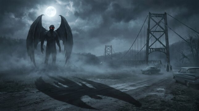 Dark fantasy landscape with mothman winged creature and foggy bridge