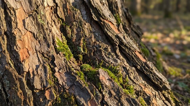 Rough textured pine tree bark featuring vibrant green moss growing within deep natural crevices under warm golden sunlight captures the intricate organic details of ancient forest flora found during p